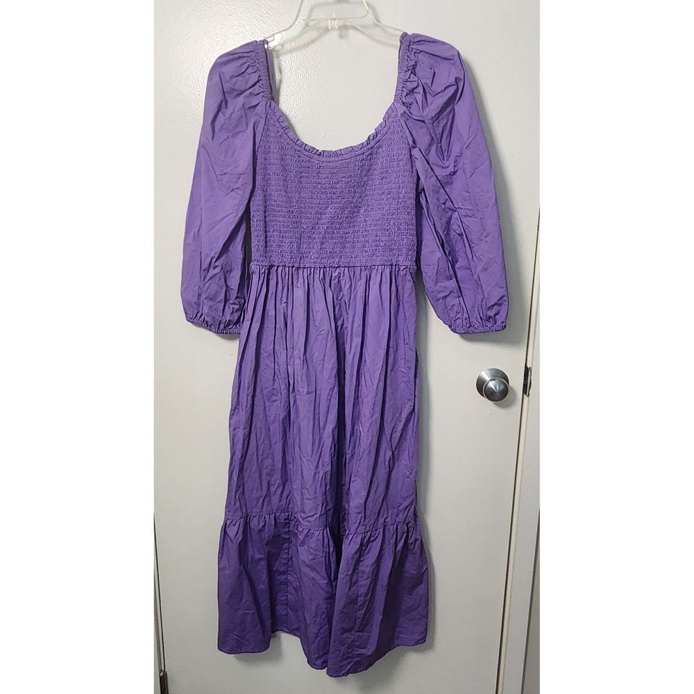 Gap Puff Elbow Sleeve Smocked Midi Dress Women's Purple Lrg Tiered‎ Pockets